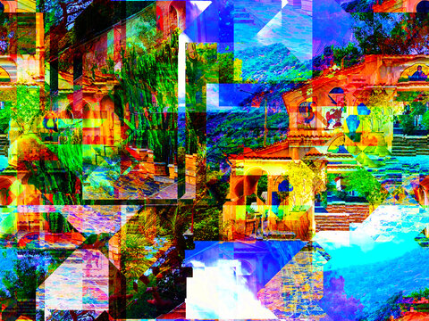 Colorful background of glitched walls with orthodox symbols. - Powered by Adobe