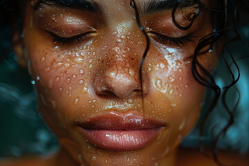 Close-up portrait of a woman with water droplets on their face, eyes closed in a peaceful expression