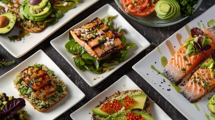 Fototapeta na wymiar Gourmet Healthy Eating Concept: Exquisitely Prepared Meals Featuring Superfoods -