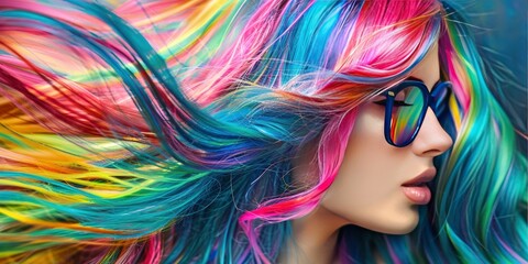 The girl hair is long and wavy, with colorful rainbowcolored streaks that make her look like she just came out of the unicorn world.
