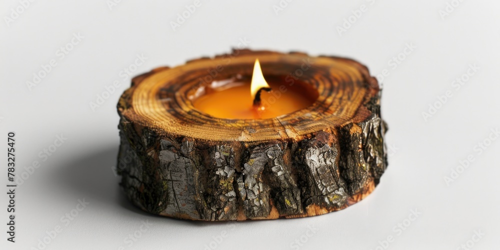 Poster a lit candle sitting on top of a tree stump. suitable for nature and relaxation concepts