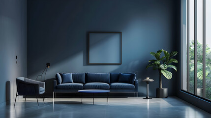 A deep, dark living room featuring grey furniture and walls painted in blue and navy. Add a pop of cyan and indigo. mockup for a picture or artwork. Elegant