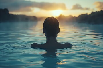 Soothing Sunset Soak: Embrace Serenity in Nature's Spa. Concept Sunset Silhouettes, Calming Reflections, Nature's Beauty, Serene Watercolors, Peaceful Escapes
