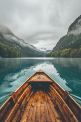 Wooden boat floating on top of a lake