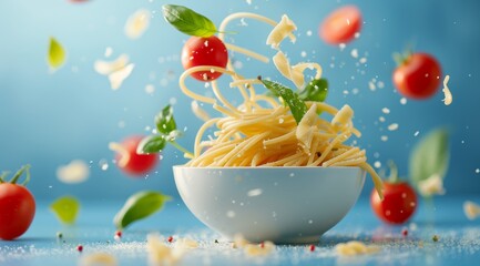 Spaghetti with tomato and basil in a bowl flying on a blue background, food photography with studio lighting.