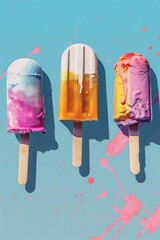 Three popsicles in vibrant colors on a blue backdrop. Perfect for summer themes