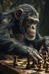 A chimpanzee focused on a game of chess. Perfect for educational materials