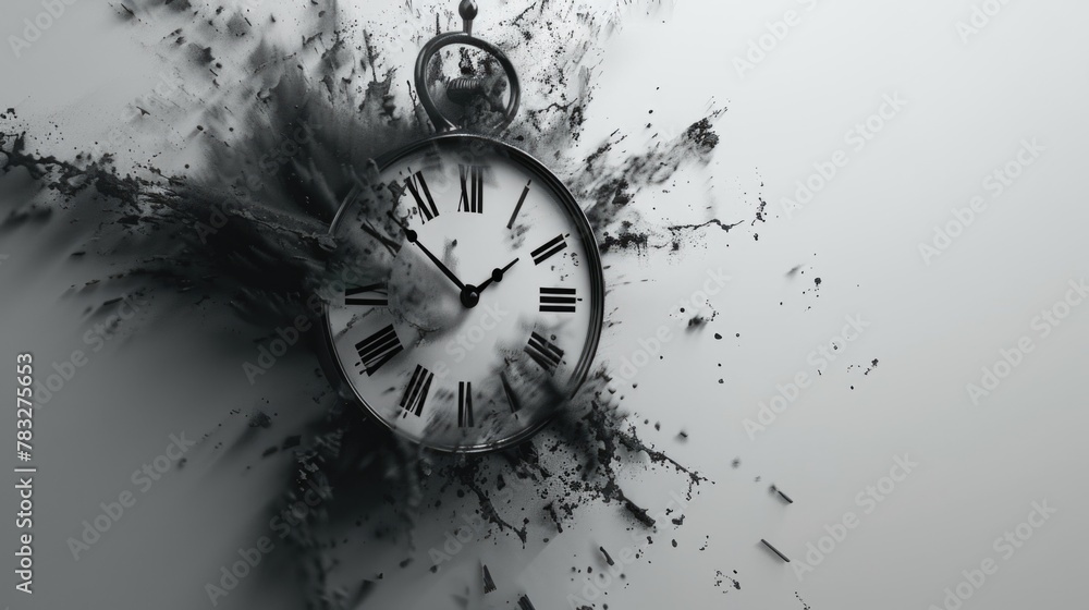 Poster a shattered clock in disarray, symbolizing time running out. suitable for concepts of time managemen