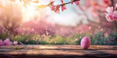 A pink egg resting on a wooden table. Suitable for food or Easter-themed designs
