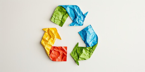 Crumpled pieces of colorful paper forming the universal recycling symbol on a clean white background, symbolizing eco-friendly practices