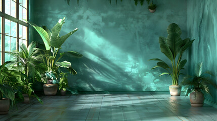Beautiful room with large houseplants. Accent wall, empty, turquoise, teal, mint. Excellent...