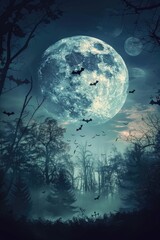 A spooky night scene with bats flying under the full moon. Perfect for Halloween designs