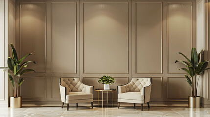 Deep beige colours for a business lounge or living room. Ivory, taupe, tan, and grey set furniture. Mockup of an empty wall with ornamental wood veneer. opulent waiting area interior design