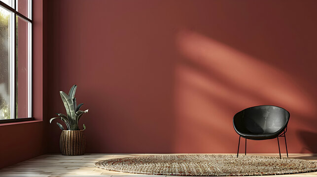 Darkly hued living room featuring a black chair and a terracotta maroon paint wall. colours used as accents. mockup for a picture or artwork. Contemporary interior design space