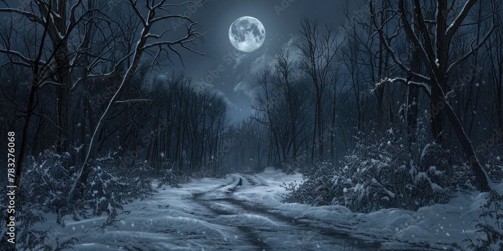 Poster a serene snowy path in the woods under a full moon. suitable for winter and nature themes