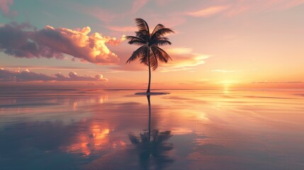 Obraz premium A solitary palm tree standing on a beach at sunset. Suitable for travel and nature themed designs