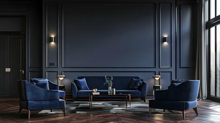 Deep, dark colours for a living room or business lounge. Arrange blue, navy, and grey furniture. Mockup of an empty wall with a black background and ornamental wood - obrazy, fototapety, plakaty