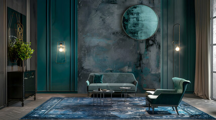 Deep, dark colours for a living room or business lounge. Combine grey and blue teal trends. Mockup of an empty wall with a painted background and luxurious furniture