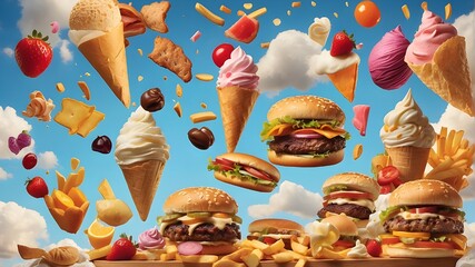 a poster showing hamburgers, fries, and a variety of ice cream flavors flying through the air
