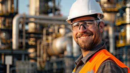 Worker wearing safety glasses, a white helmet, and  stands in front of a petrochemical plant.