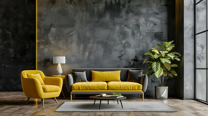Elegant living room in the villa with grey background accent wall and microcement texture concrete...