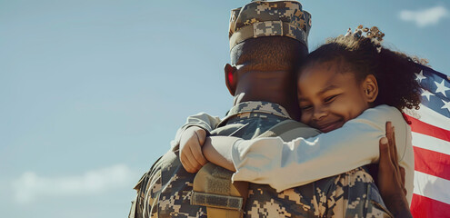 Photo of an African American male soldier embracing his daughter after being released from war - obrazy, fototapety, plakaty