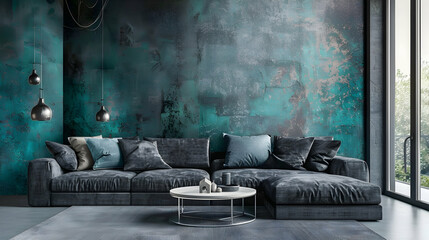 Elegant living room with a rich, dark hue. Modern grey sofa and wall covered in microcement...