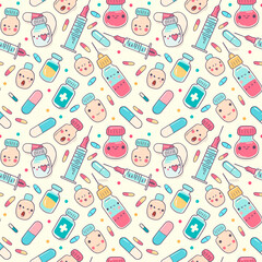 Cartoon dental elements. Cute nursery seamless pattern background.