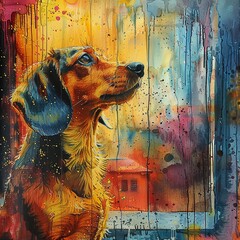 Splash art effect, a dachshund looking out of a window at the rain outside, watercolor, alcohol ink, splash art painting