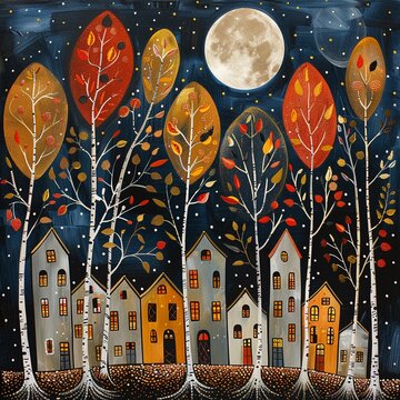 narrow houses with several floors, with trees around them