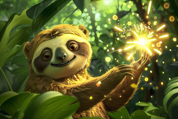 Sloth Holding a Sparkler in the Jungle

