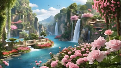 A paradise with lovely gardens, waterfalls, and flowers; a dreamy, picturesque backdrop filled with an abundance of eden's blossoms - obrazy, fototapety, plakaty