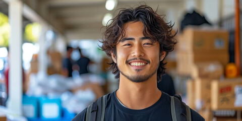 Fototapeta premium An affable young man with tousled hair and a casual t-shirt smiles genuinely, standing in an urban warehouse setting