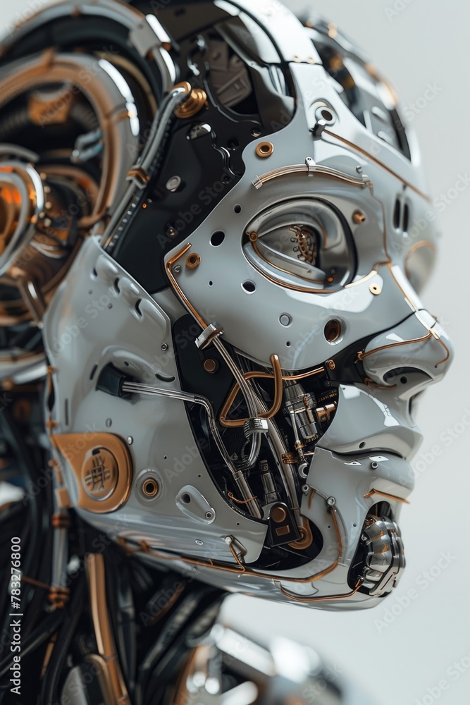 Poster close up of a robot's face, perfect for technology concepts