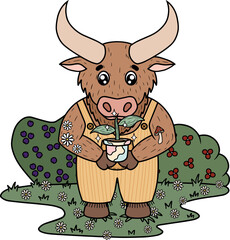 Bull with beautiful plant in the pot