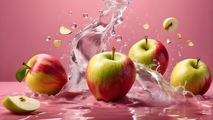 A realistic-looking advertising idea with realistic high-resolution photographs, water splashes, sliced fresh apples, and a pink background.