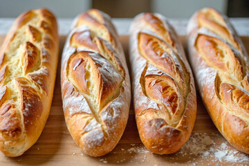 Four loaves of bread are lined up on a wooden table. French baguette on kitchen table stock photo...