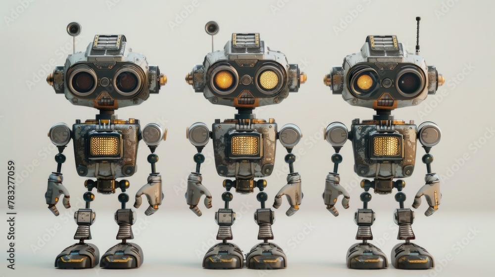 Poster Three robots standing in a row, suitable for technology concepts