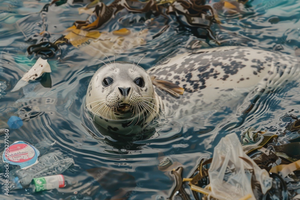 Poster a seal surrounded by garbage. suitable for environmental issues
