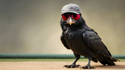crow wearing cap and sunglasses playing cricket - obrazy, fototapety, plakaty