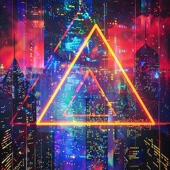 Neon lit triangles in a virtual neon cityscape