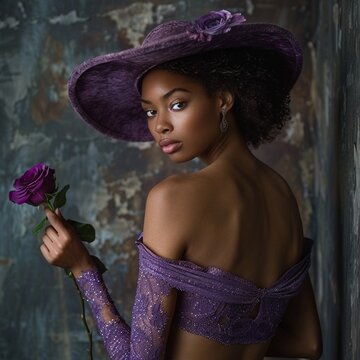 a black woman with vitiligo with her back to the wall and wearing an elegant hat wearing, a purple dress 