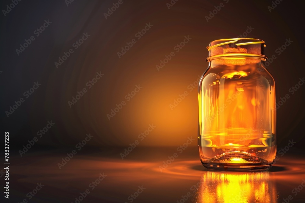 Poster glass jar filled with liquid on a table, suitable for various concepts