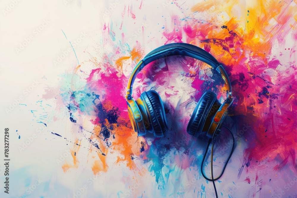 Poster pair of headphones on top of a table. suitable for music or technology concepts