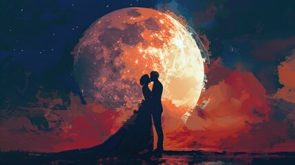 A romantic couple sharing a kiss under the full moon. Perfect for love and romance concepts