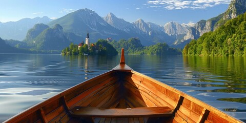 Boat sailing on lake with mountains in background