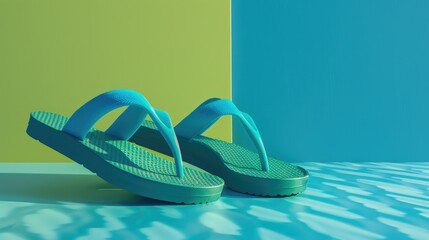 Blue flip flops on a blue surface, perfect for summer concept