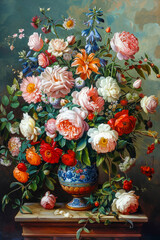 Vibrant Classical Flower Arrangement in Ornate Vase Painting