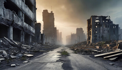 Post-apocalyptic ruined city. Destroyed buildings and ruined roads. Destruction and decay.