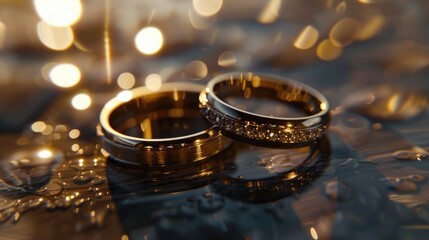 Two wedding rings placed on a table. Ideal for wedding or love concepts